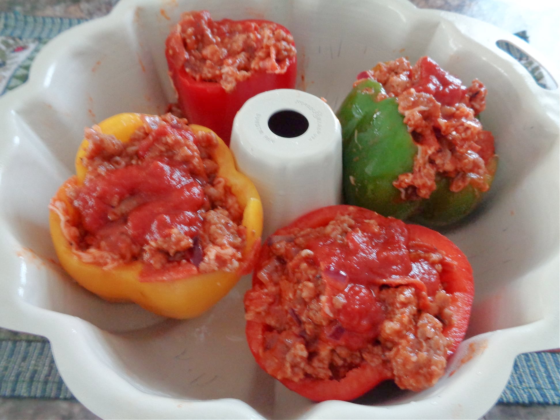 sausage & pepperoni stuffed peppers in bundt pan