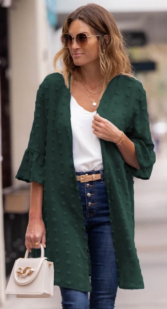green cardigan with ruffle sleeves