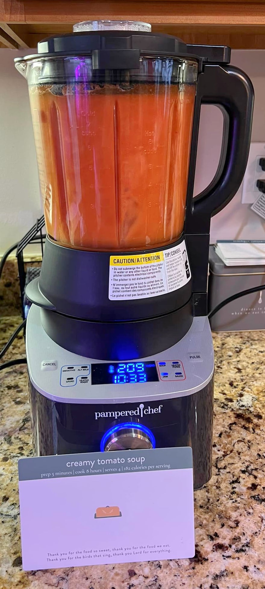 blended tomato soup with recipe card