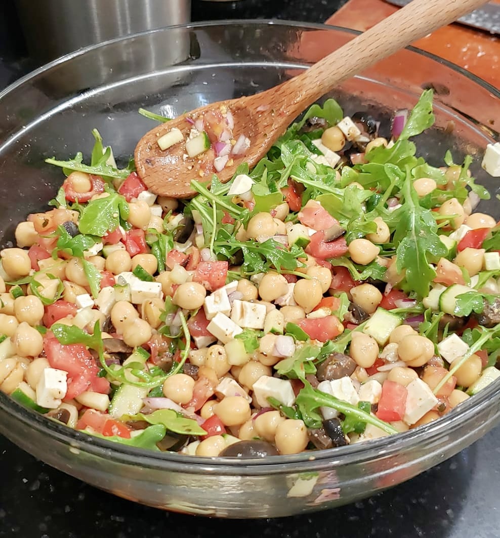 Garbanzo Bean Greek Salad in bowl ready to serve 