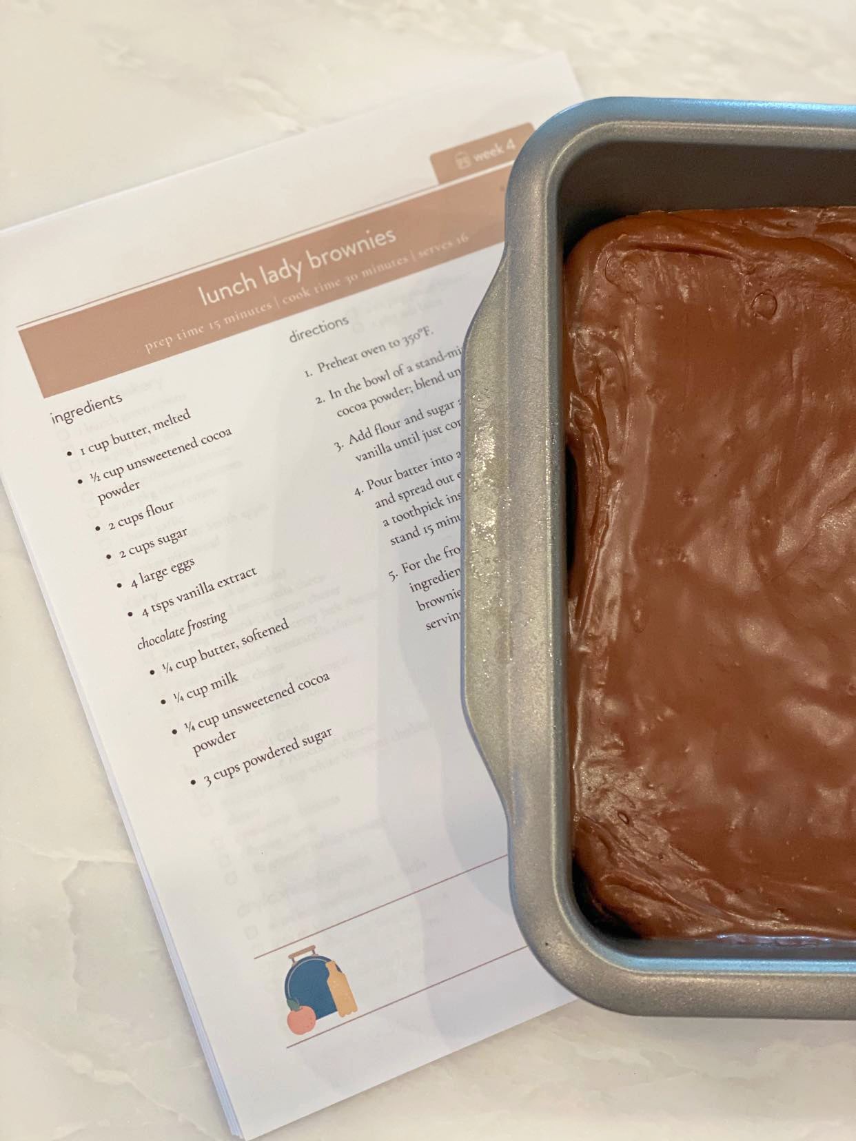 lunch lady brownies in pan with recipe
