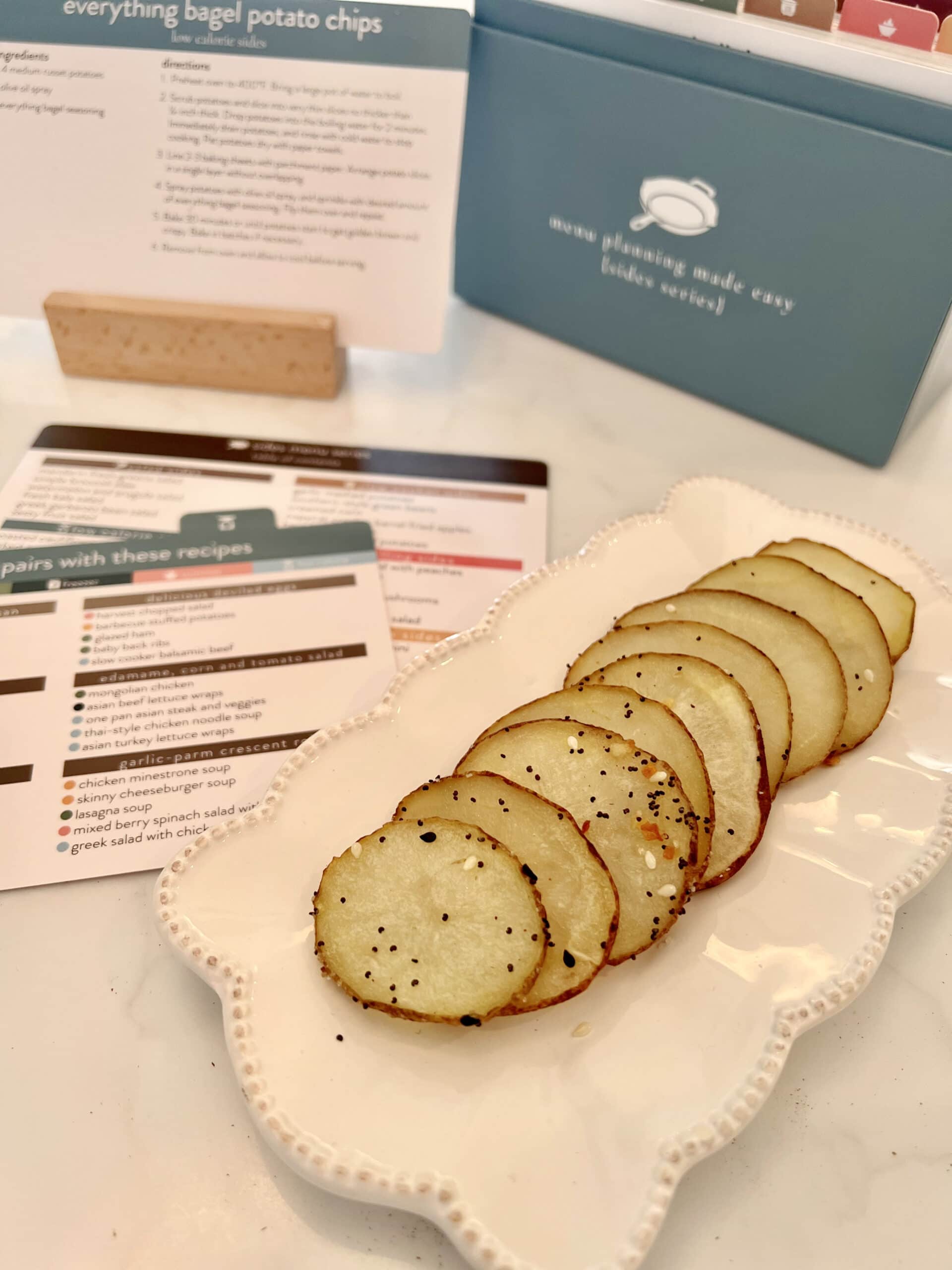 homemade everything bagel chips and recipe card