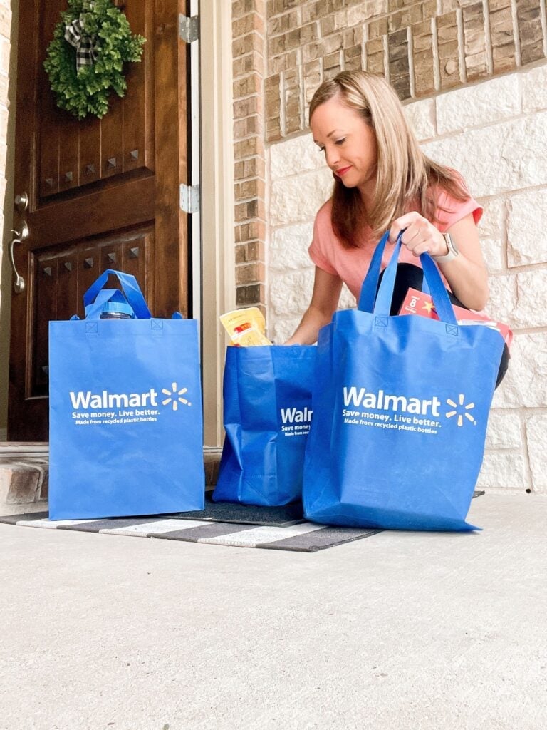 pictures of walmart grocery bags on porch with woman picking them up