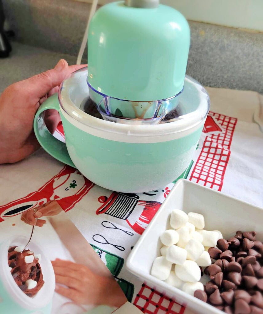 making ice cream with marshmallows and chocolate chips using dash ice cream machine