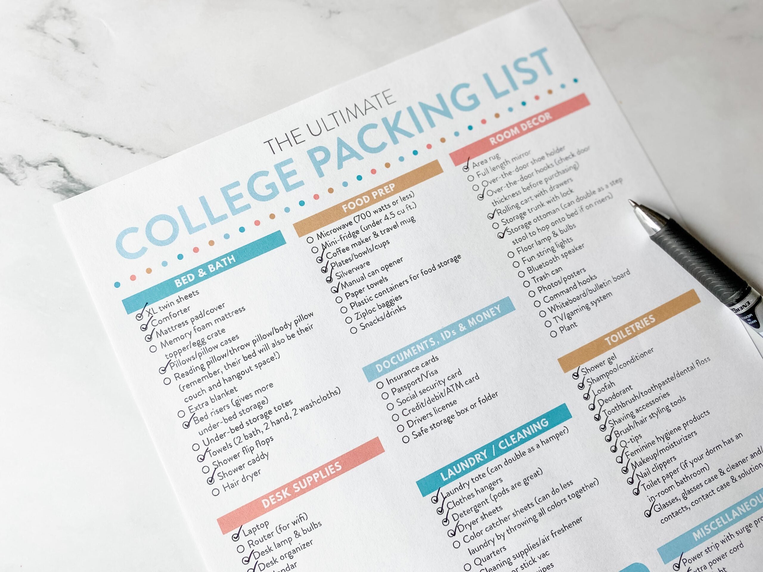 College Packing List Printable PDF organized by category 