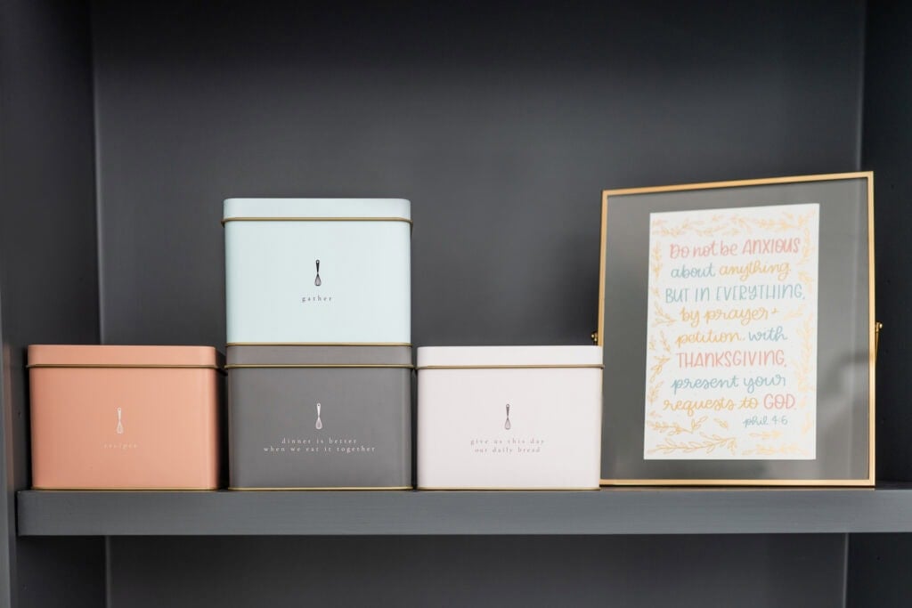 Recipe tins and scripture tab framed