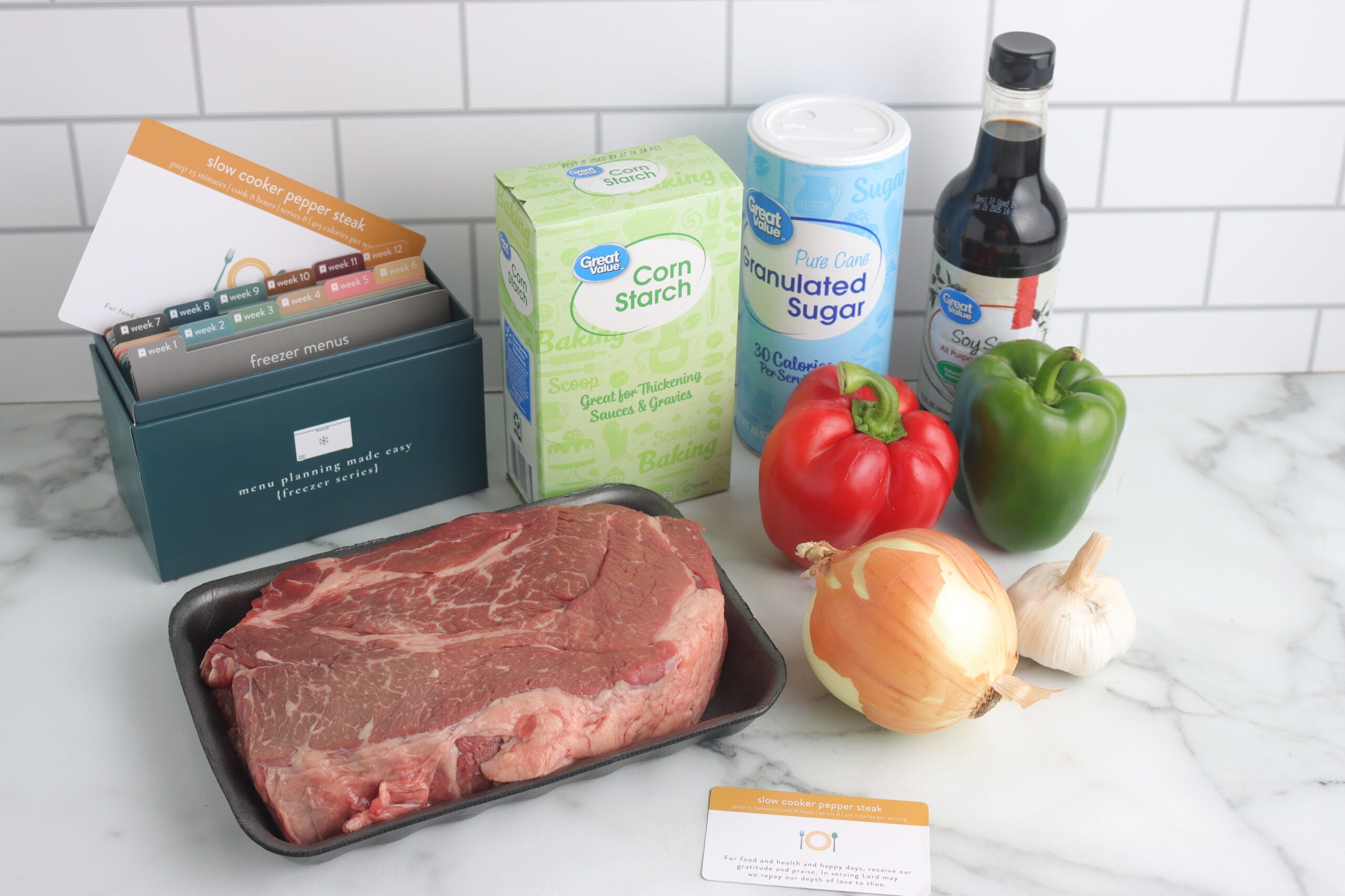 ingredients for crockpot pepper steak on countertop