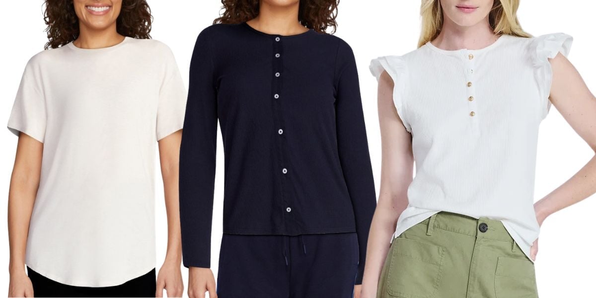 woman wearing white top, woman wearing black button up sweater and woman wearing ruffle sleeve tank