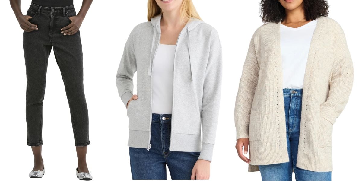 woman wearing pants, woman wearing gray zip up and woman wearing open-front off-white cardigan