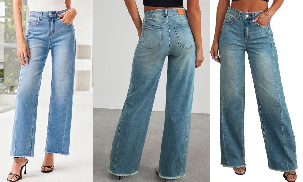 3 women wearing wide leg jeans