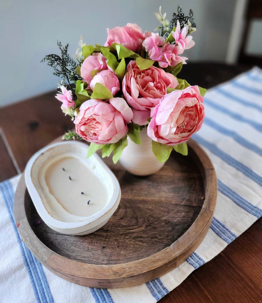 pink peonies on kitchen table