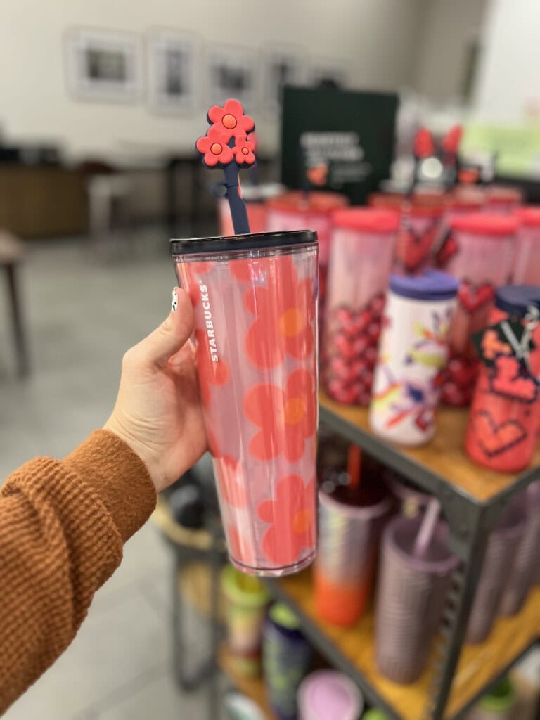 pink floral cup with straw topper