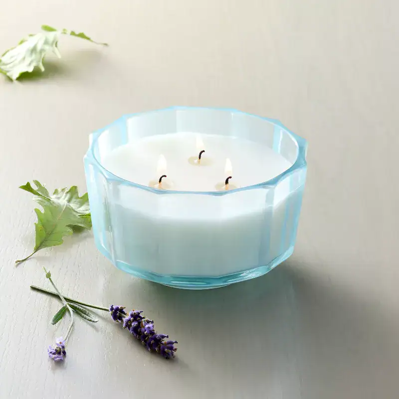 3 Wick Medium Colored Glass Faceted Lavender and Birch Jar Candle 12oz