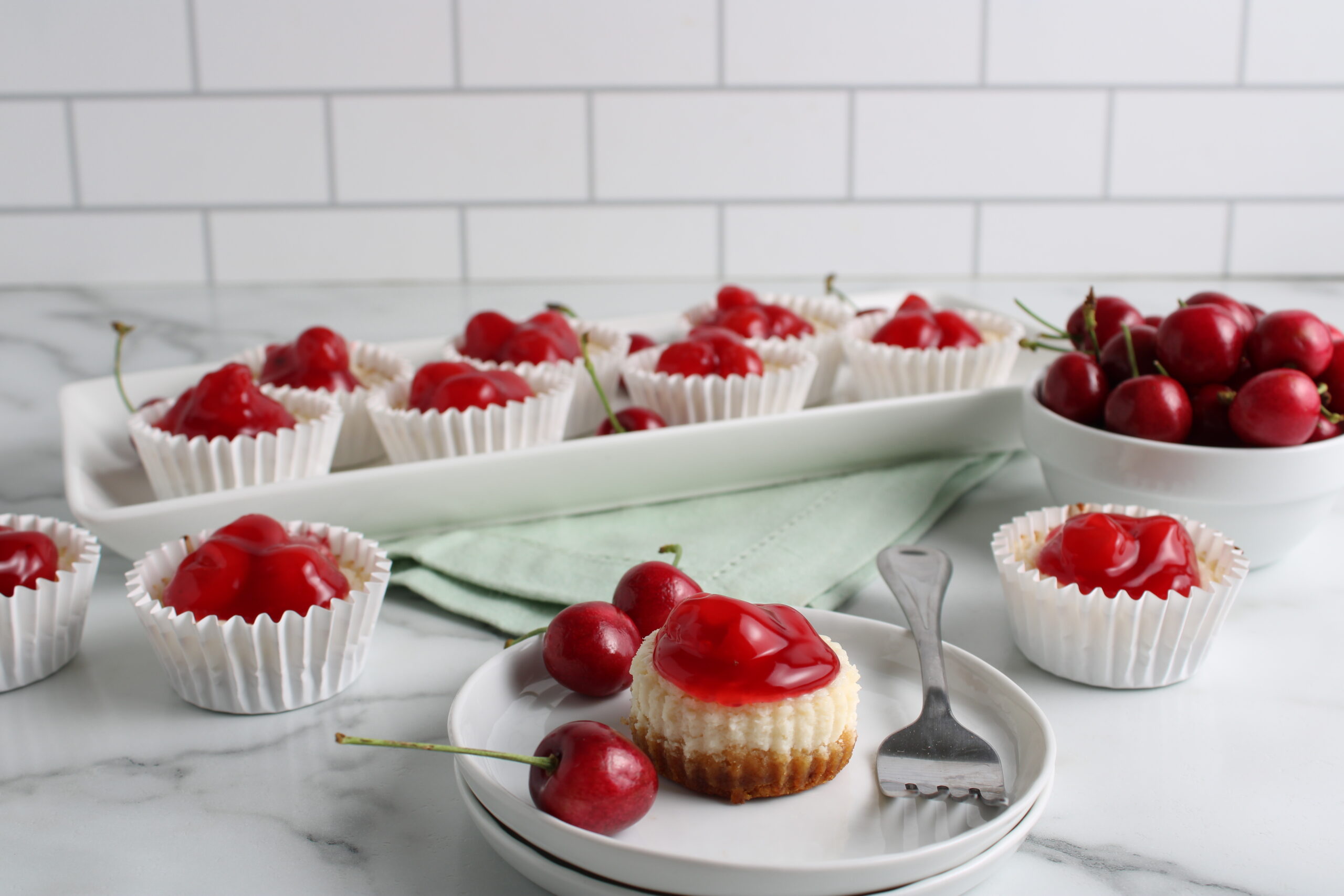 Miniature Cherry Cheesecakes Final 20 Miniature Cherry Cheesecakes on platter