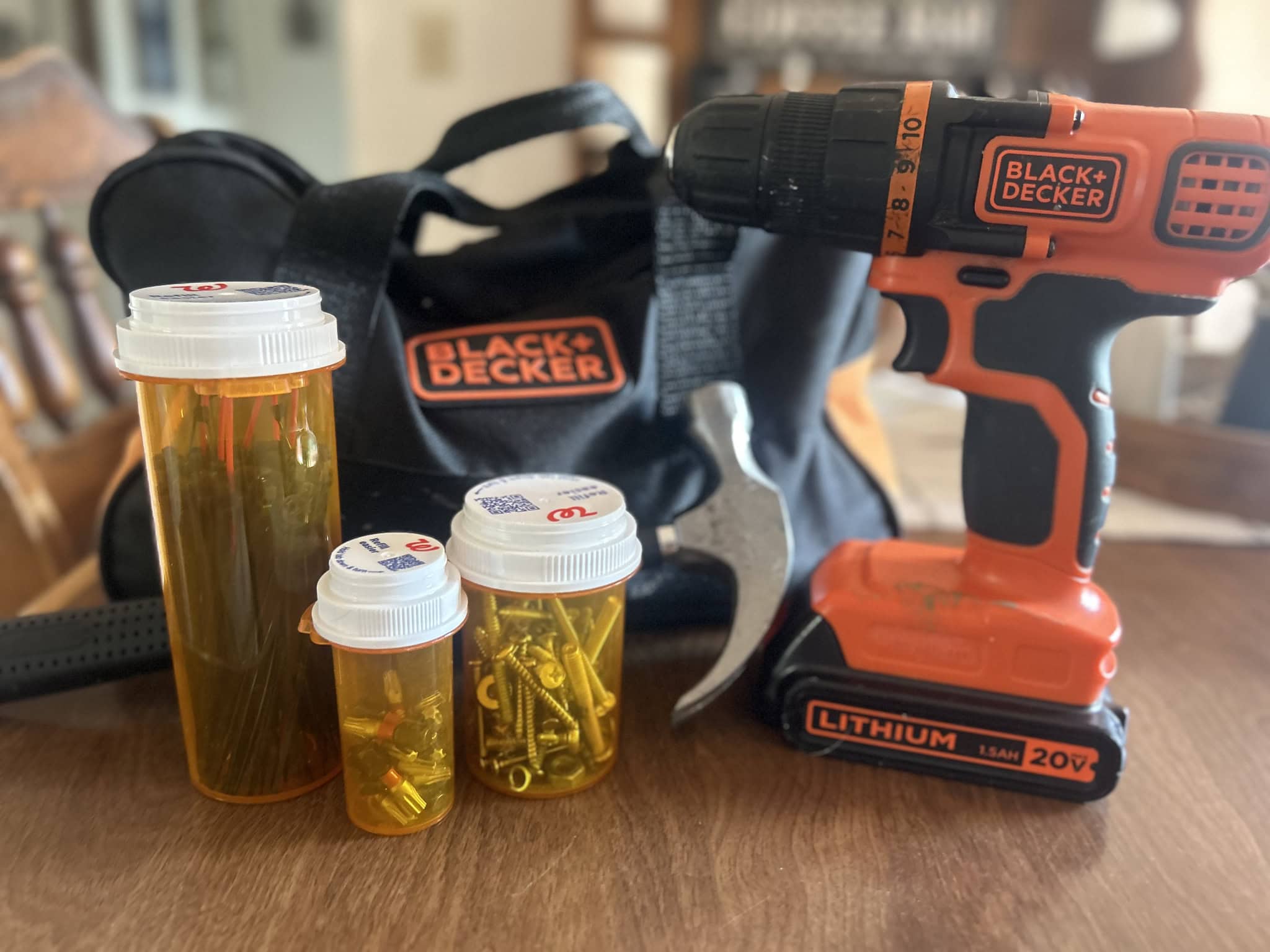 using pill bottles to store screws and nails 