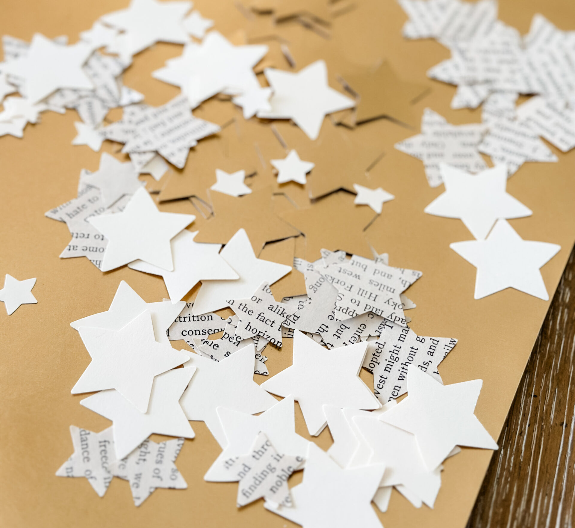 Stars punched out from books for garland