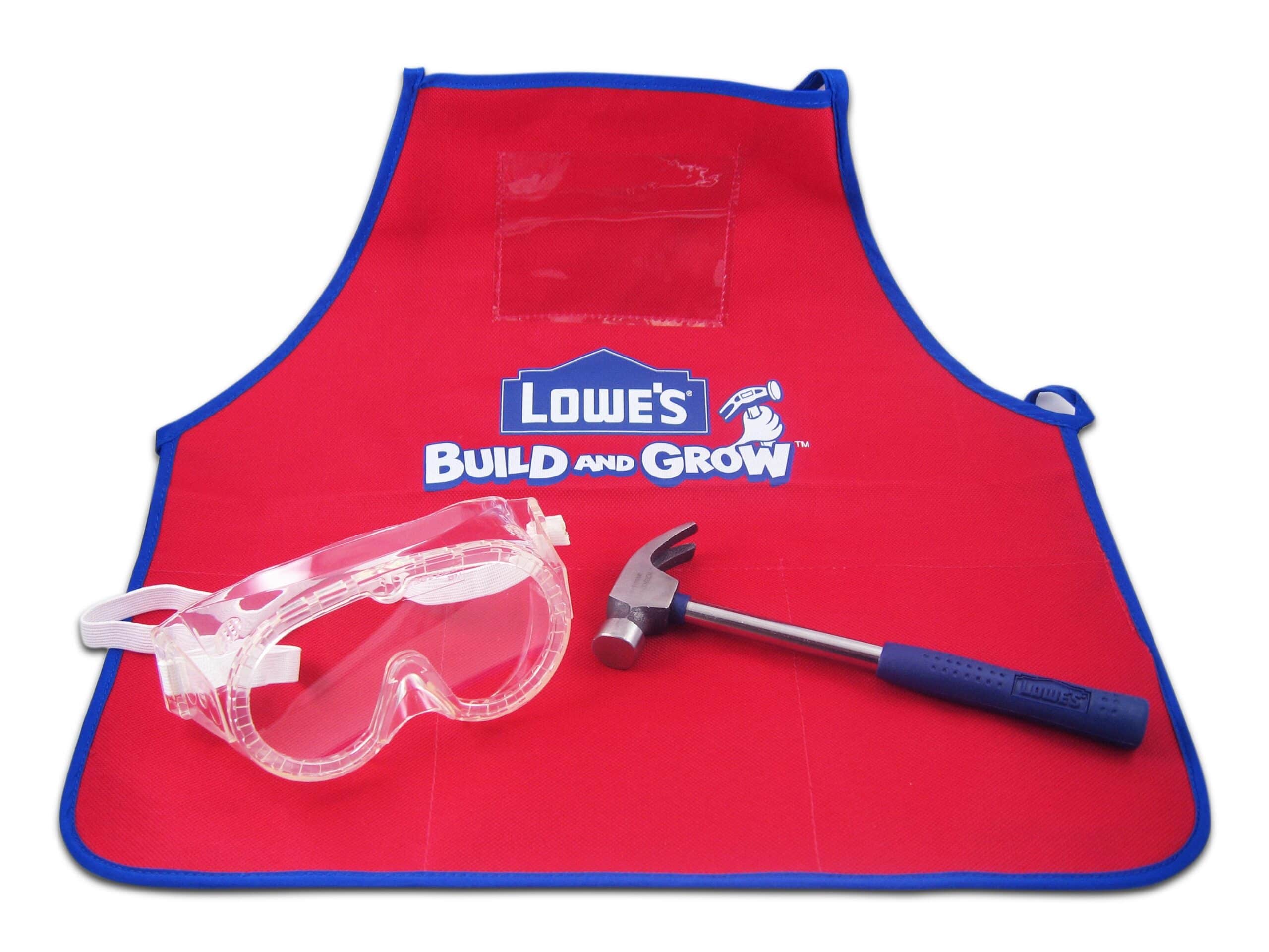 lowes build and grow goggles, hammer and apron in red, blue, and white colors 