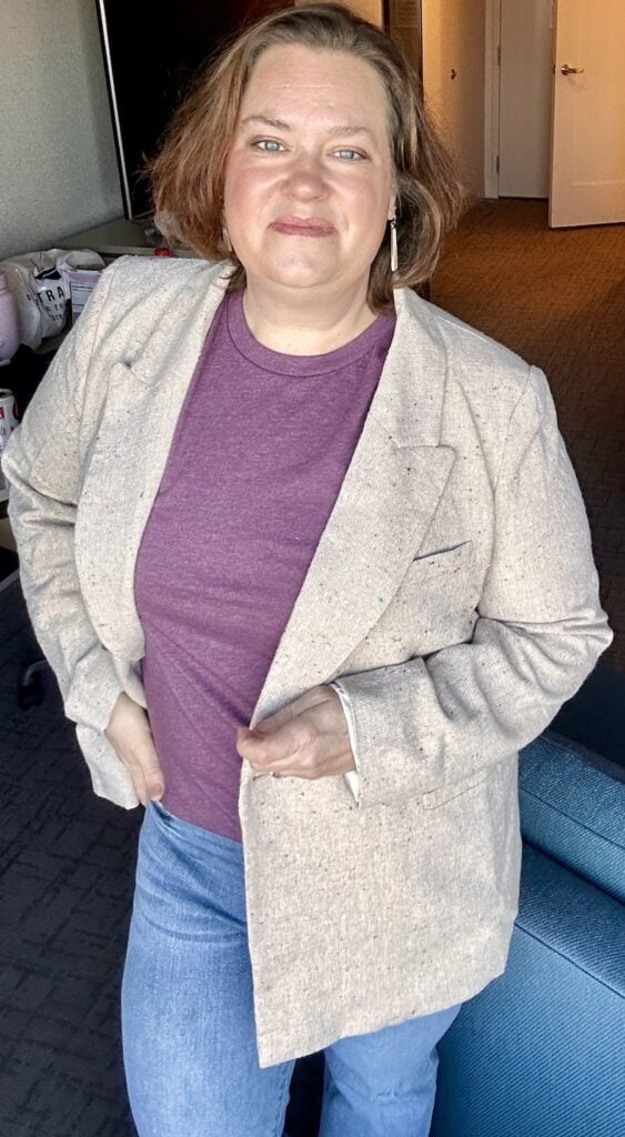 blazer with purple tee