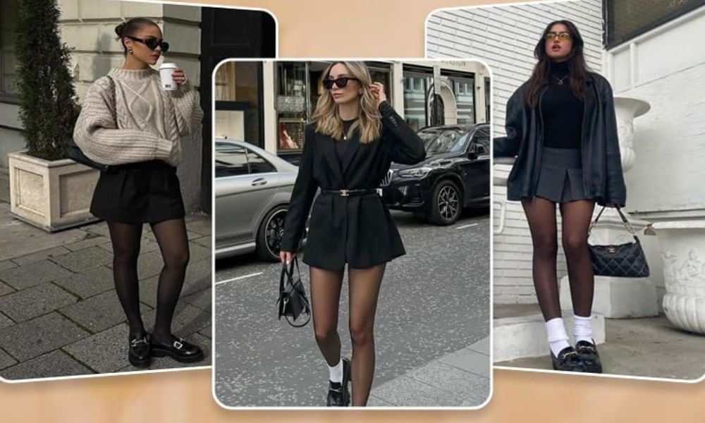 3 women wearing fleece lined sheer tights with skirts