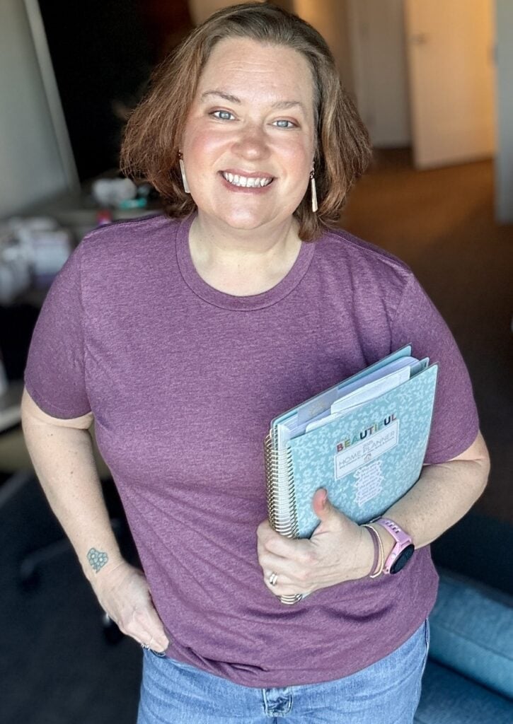 purple tee with planner