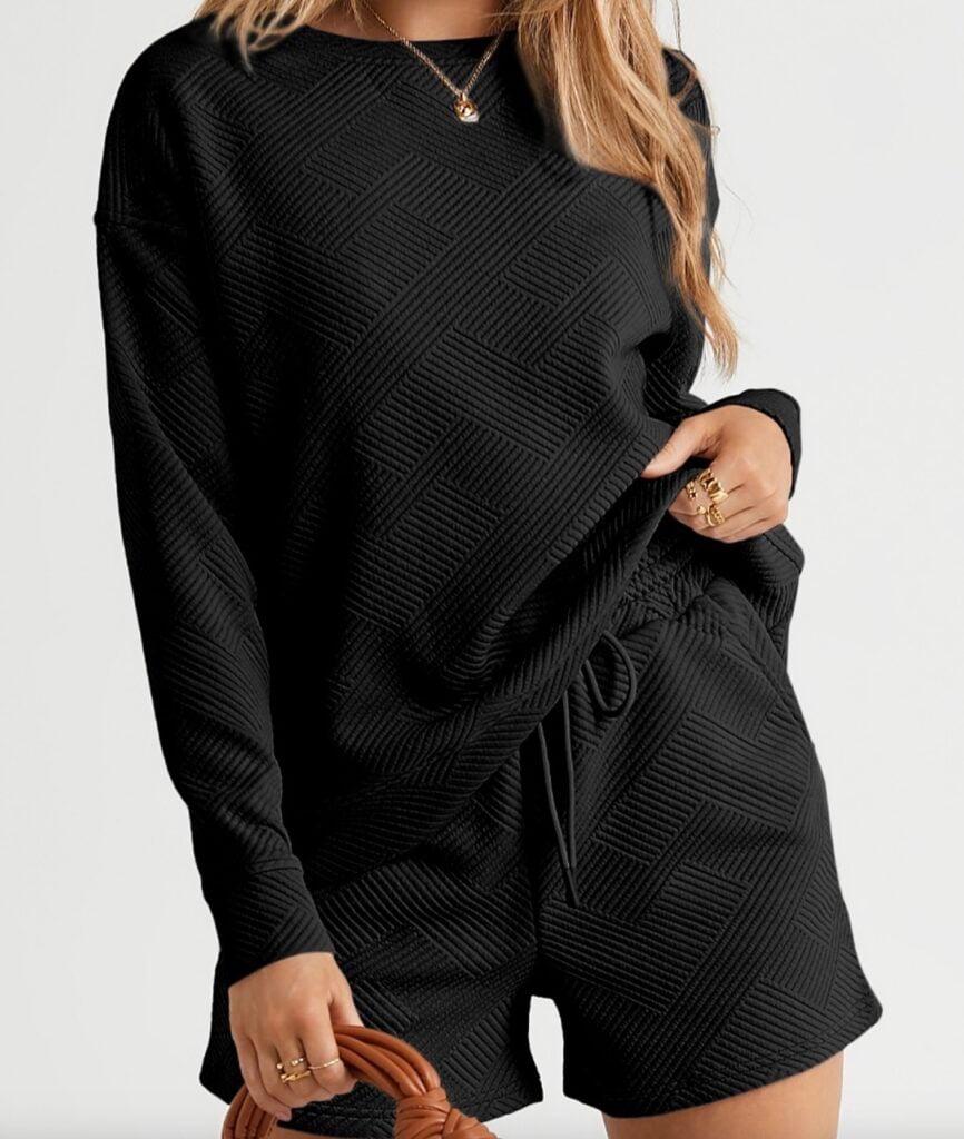 textured drawstring shorts set 