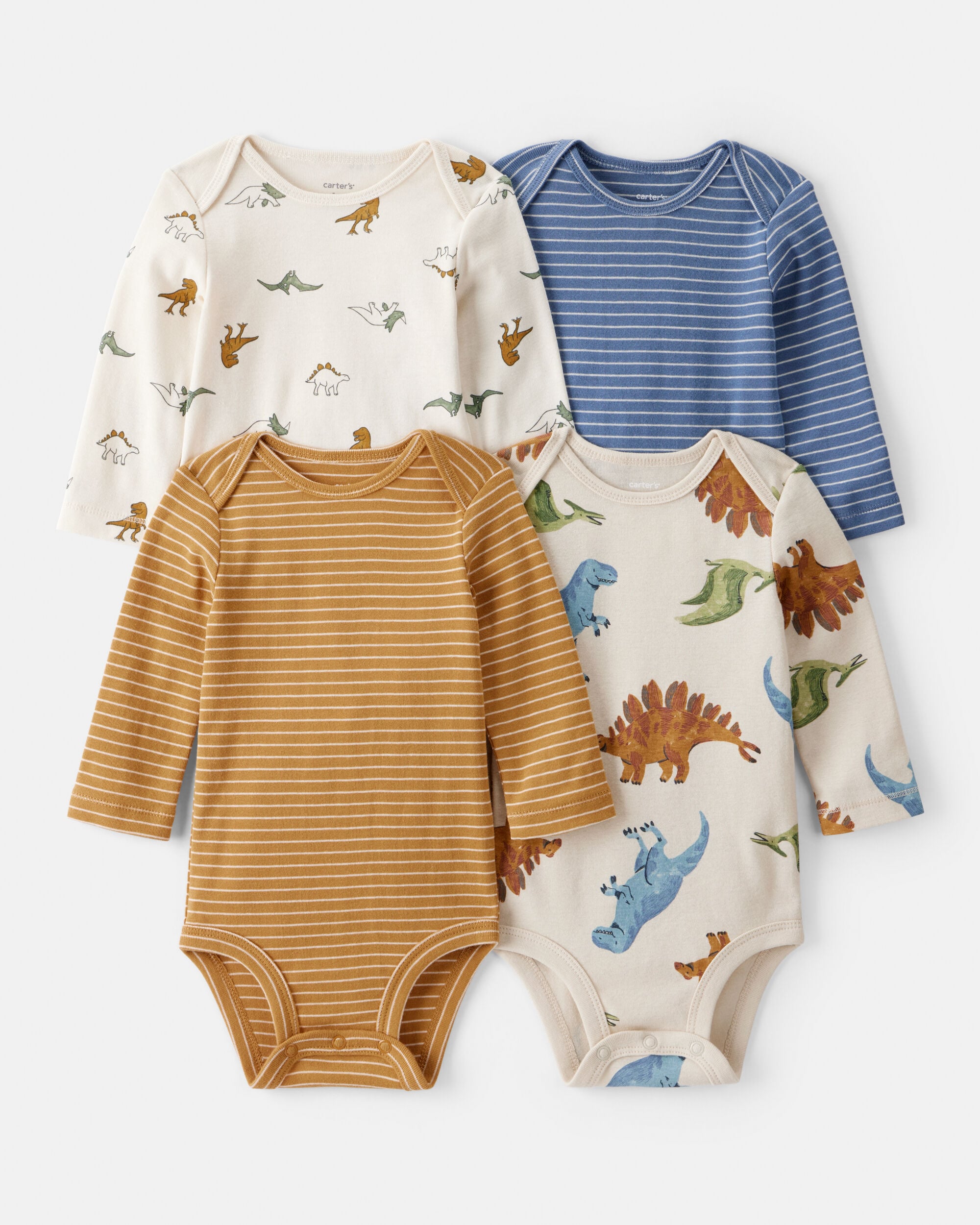 Baby Boy 4 Pack Dinosaur Print Cotton Long Sleeve Multipack Bodysuits