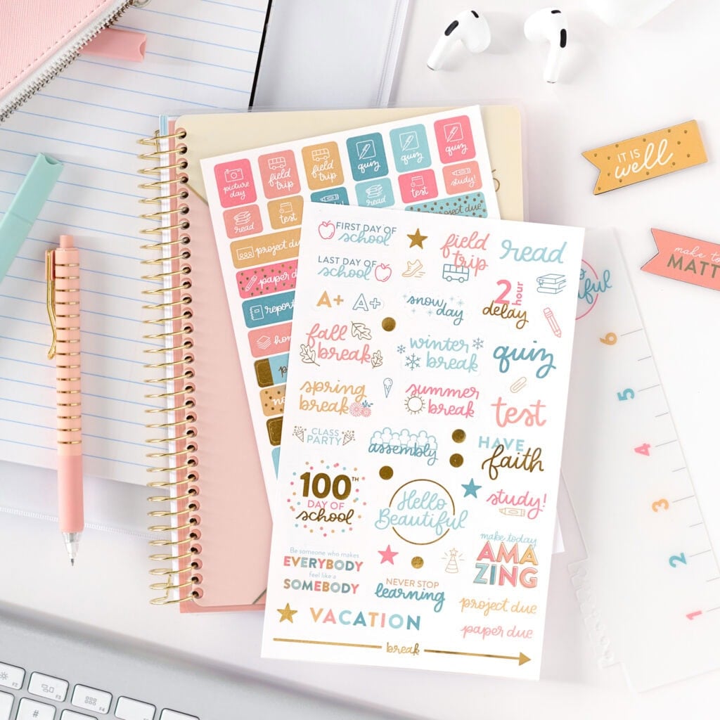 pink planner and stickers