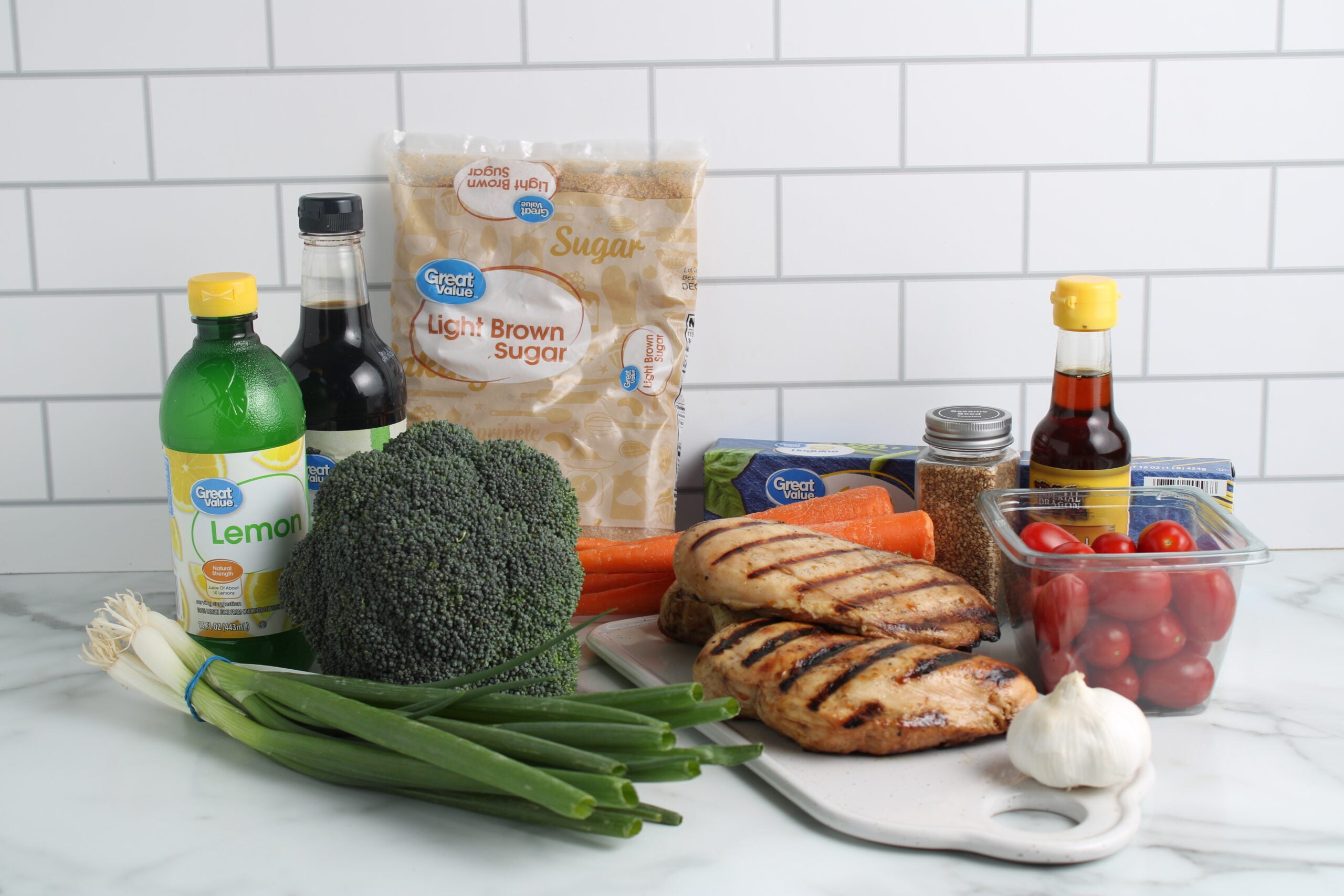 ingredients for sesame pasta salad on countertop