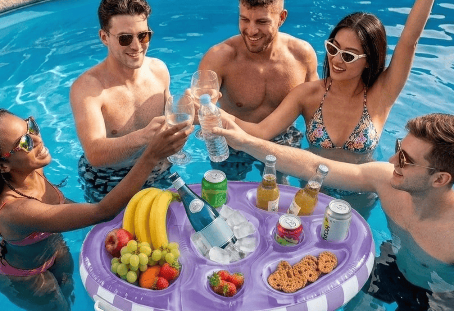 Sun's Out Floating Snack Bar – Purple Cabana Stripe Pool Float, Ages 14+