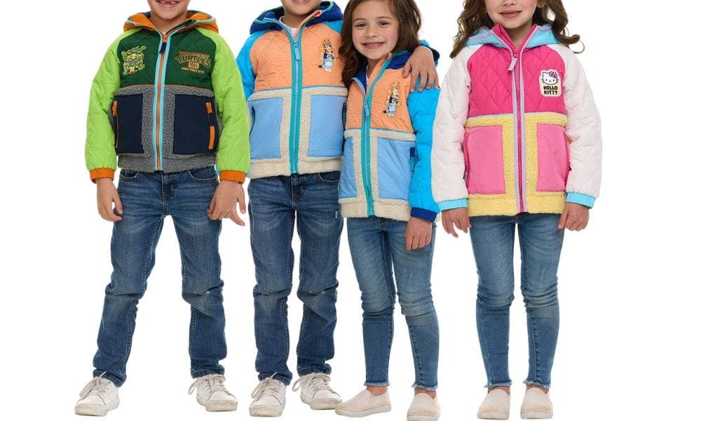 kid in TMNT jacket, kids in BLuey jacket and kid in hello kitty jacket