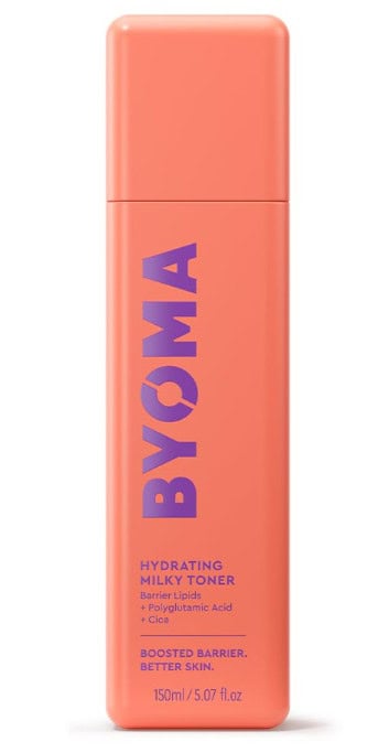 byoma milky toner in orange bottle with purple letters