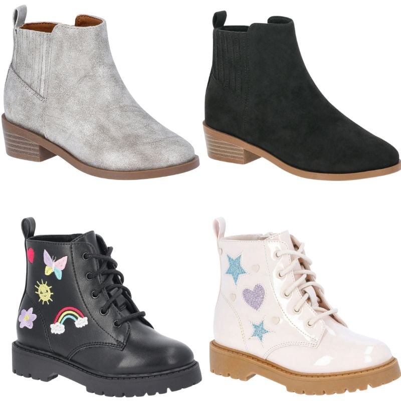 gray boot, black boot, black combat boot and white combat boot with patches