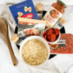 pizza pasta casserole ingredients on countertop