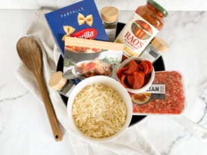 pizza pasta casserole ingredients on countertop