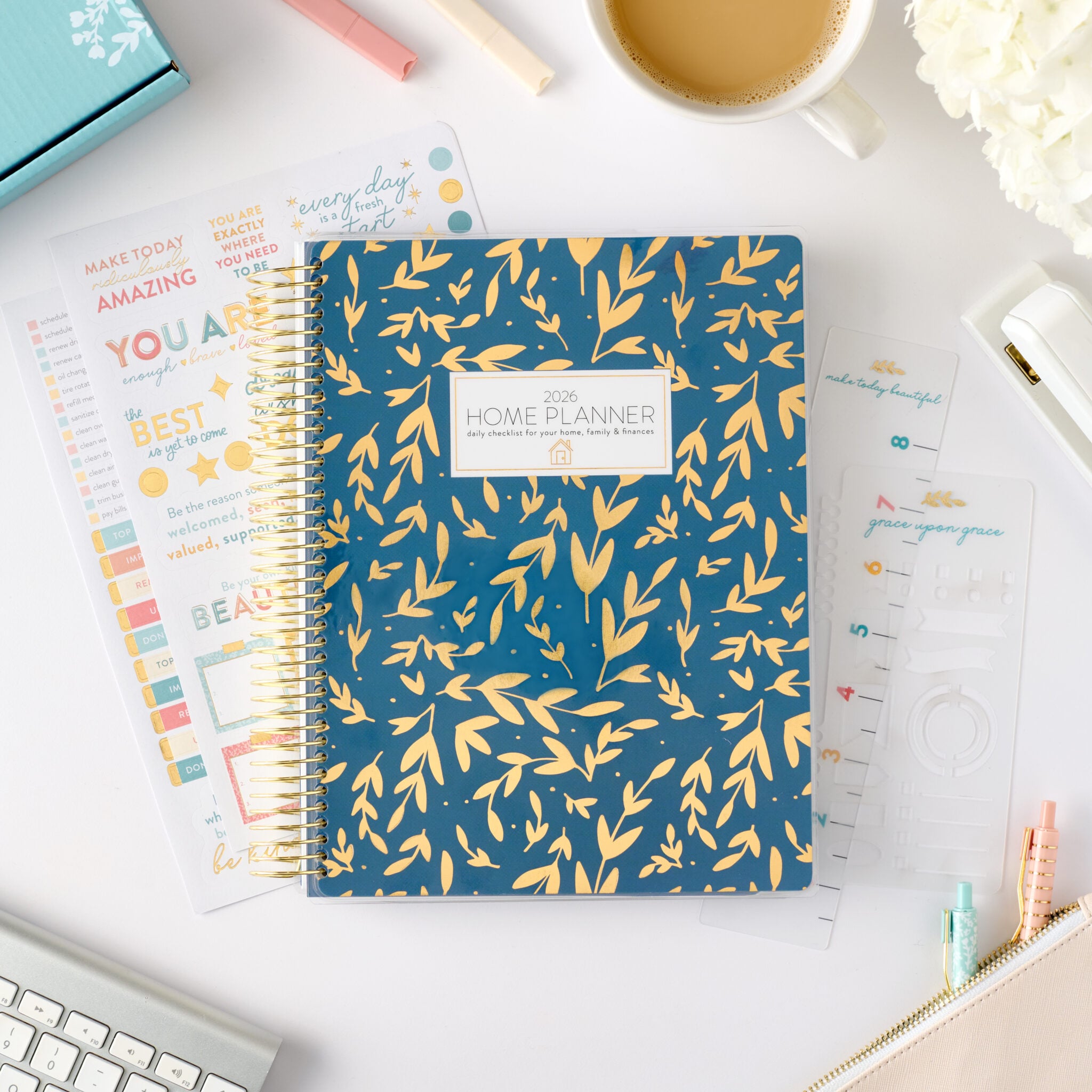 2026 blue gold leaf home planner
