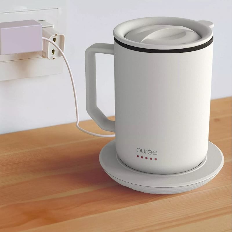 puree warming coffee mug on warming coaster with top