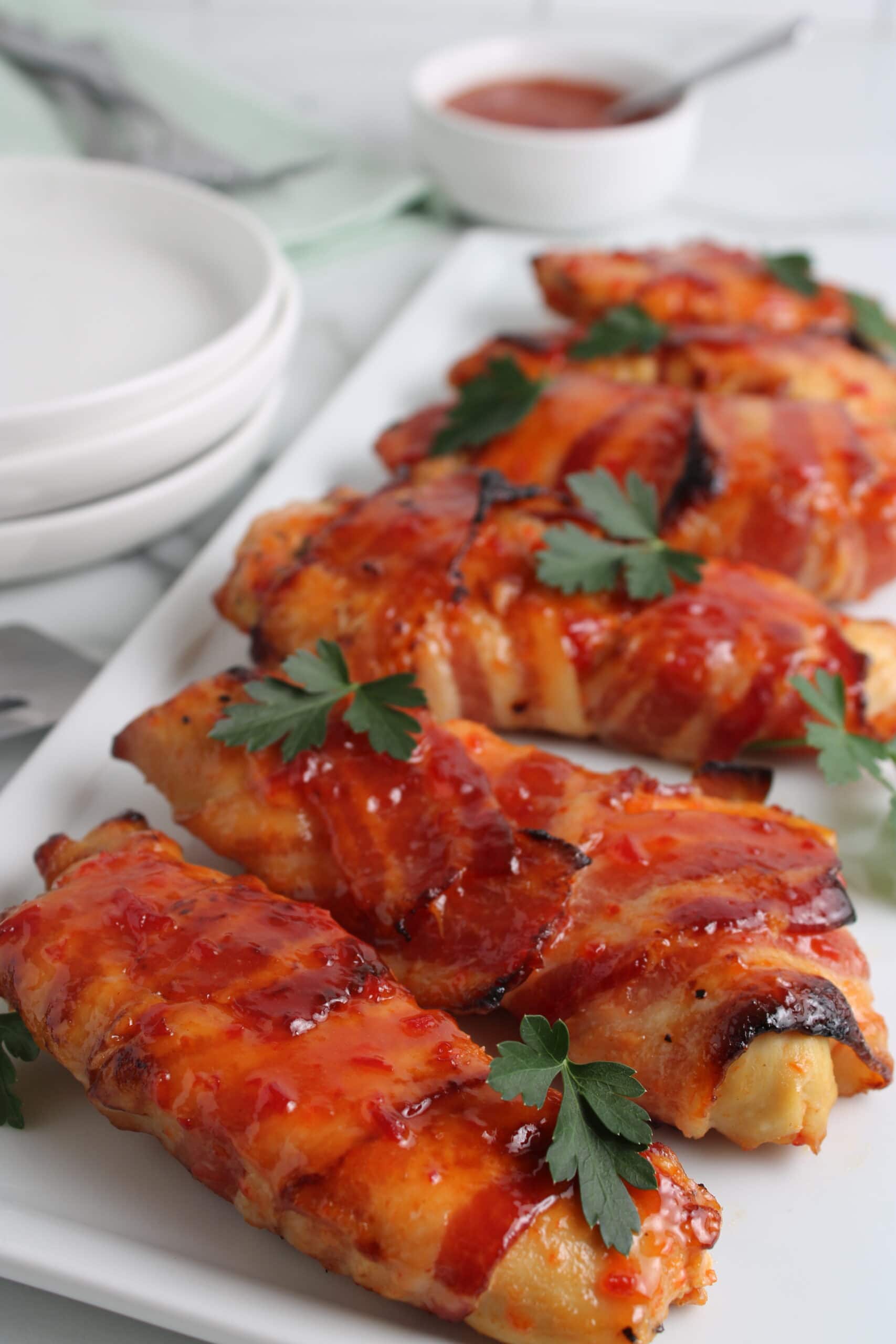 Pepper Jelly Bacon-Wrapped Chicken Recipe on platter 