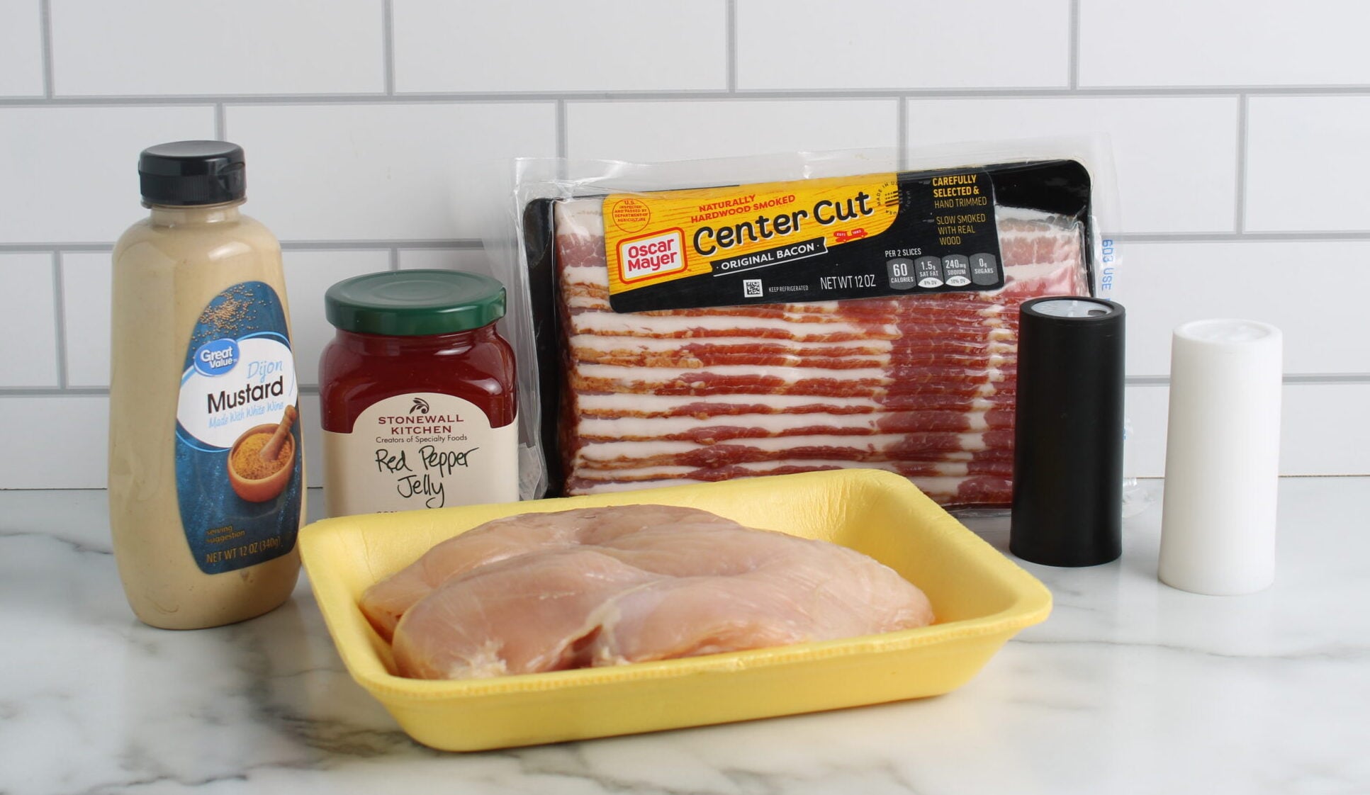 Ingredients for pepper jelly bacon chicken on countertop