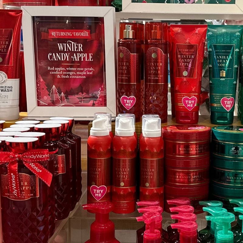 Bath & Body Works display table of Christmas body care products