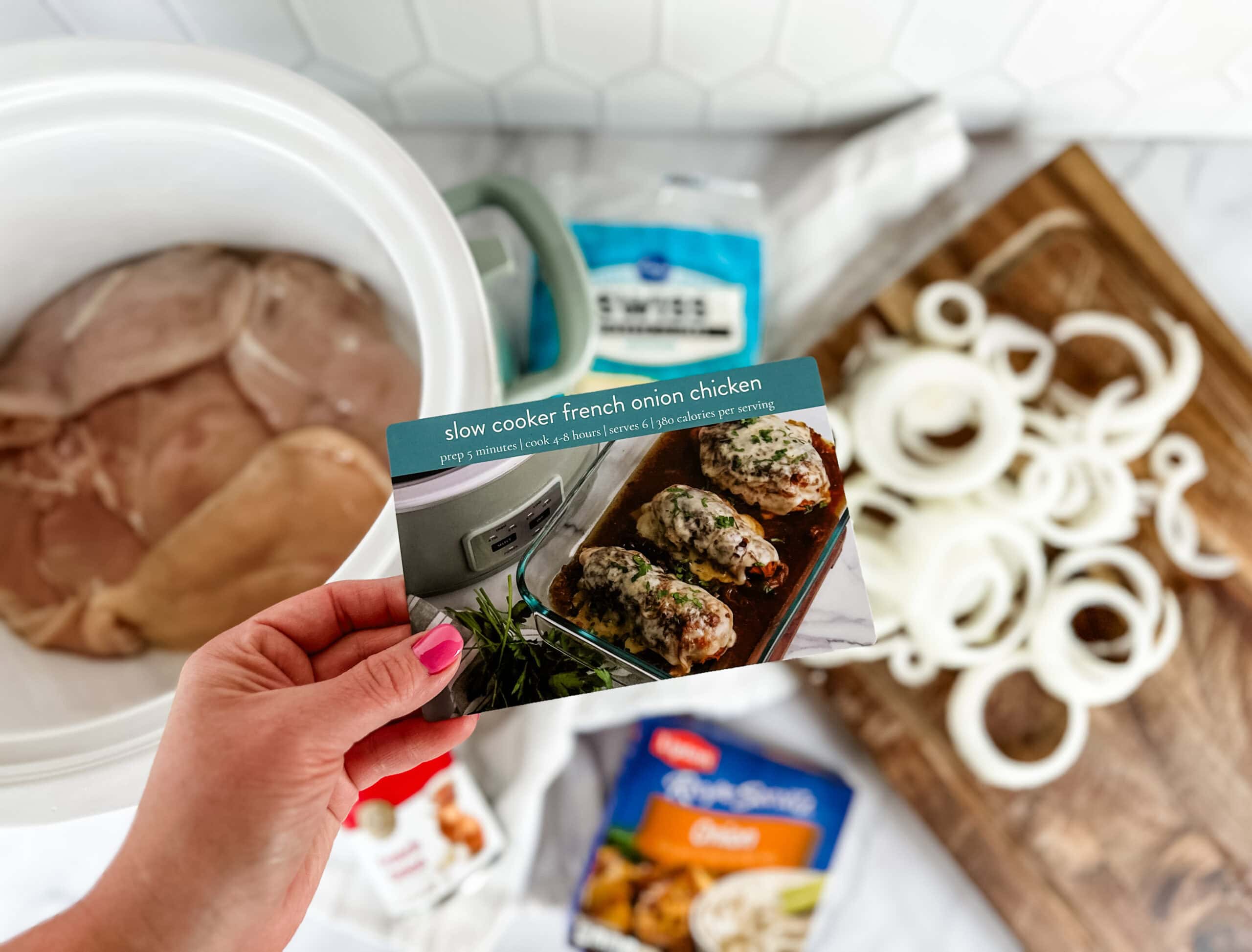 slow cooker french onion chicken ingredients and recipe card
