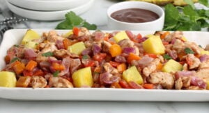 Sheet pan Hawaiian chicken on one large white platter