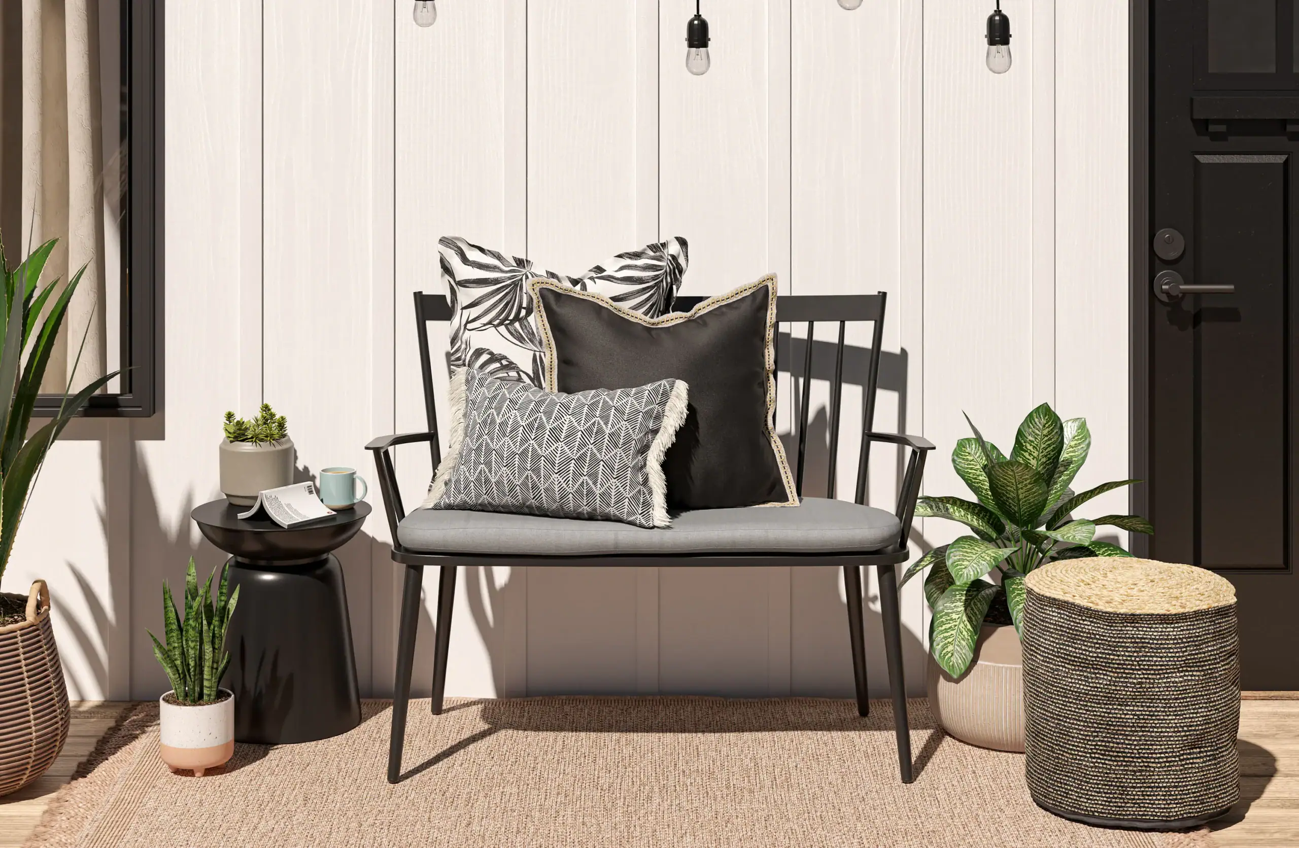 Style Selections Bench with Gray Cushion 46.6 in W x 37 in H Black Aluminum Traditional Bench