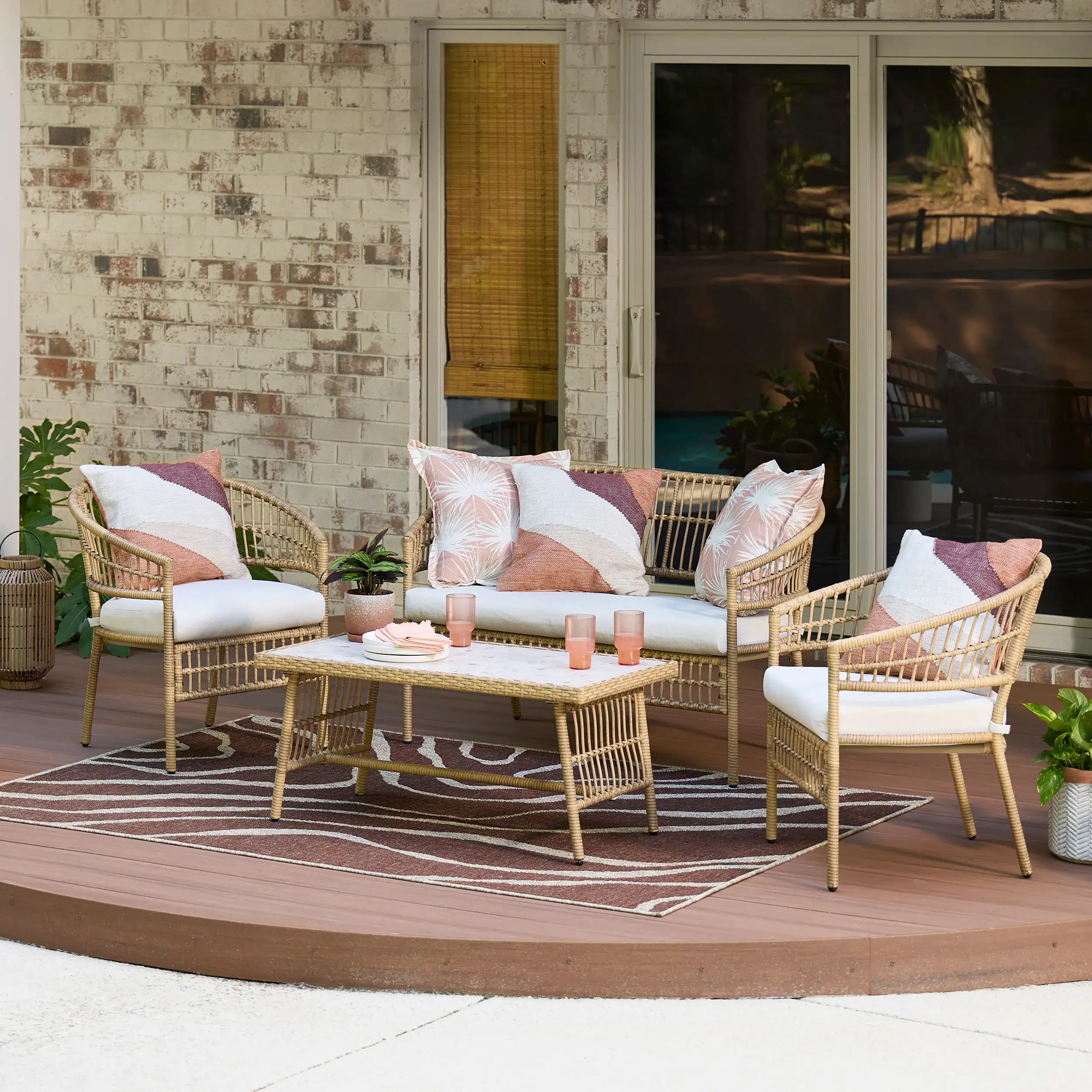Style Selections Clifton 4 Piece Wicker Patio Conversation Set with Cream Cushions Included
