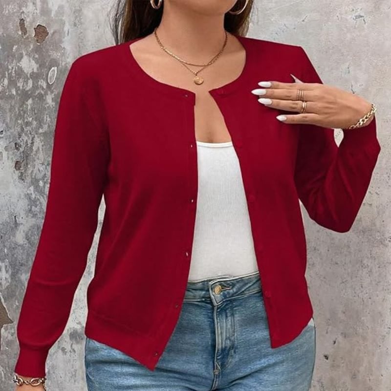 woman wearing red long sleeve cardigan over white shirt