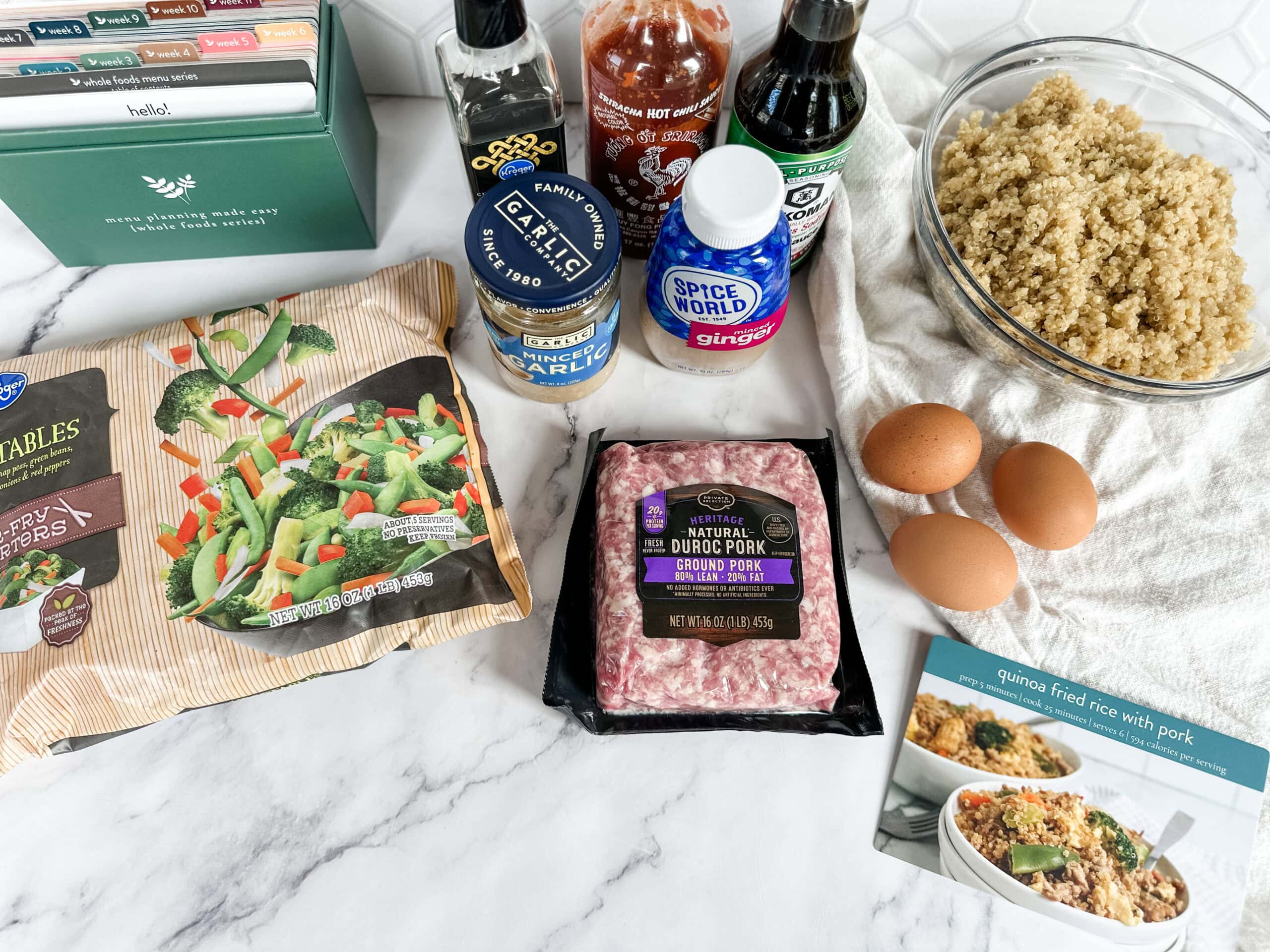 quinoa fried rice ingredients on countertop