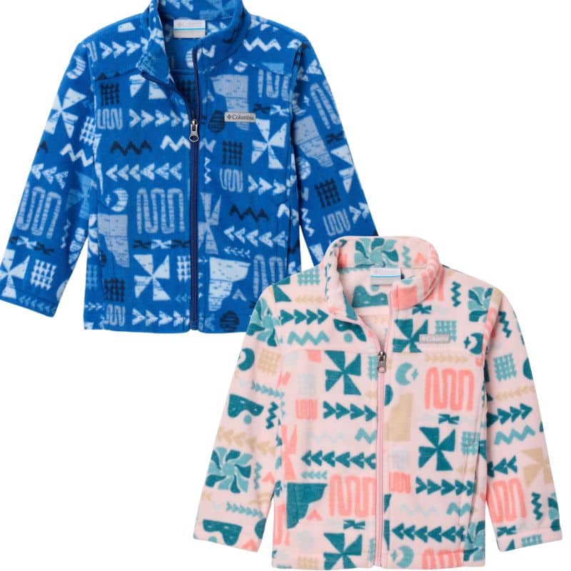 blue patterned columbia kids zip up and pink patterned columbia kids zip up