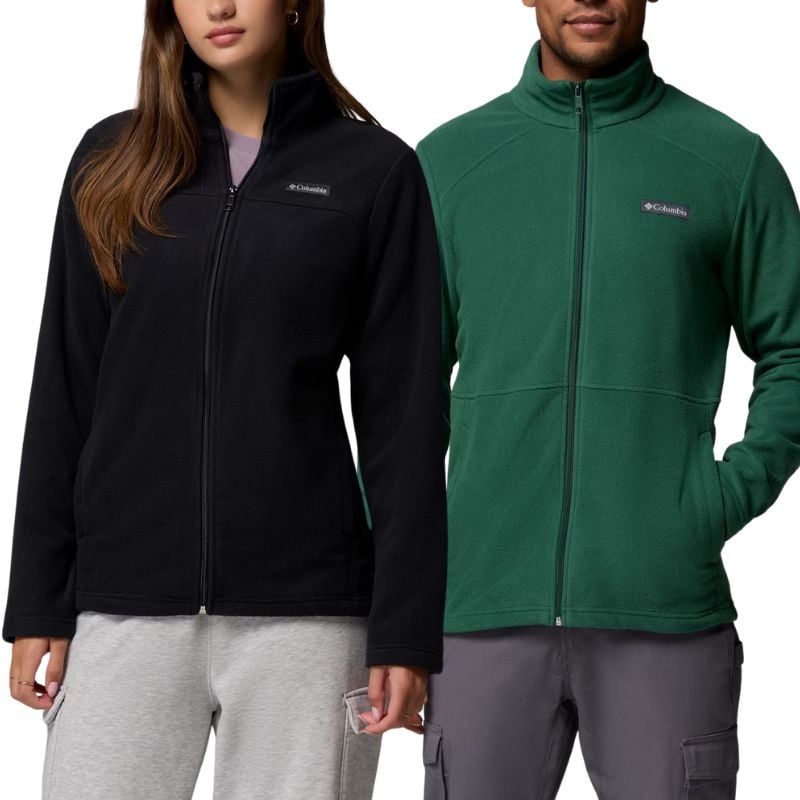man and woman wearing black and green columbia fleece jackets
