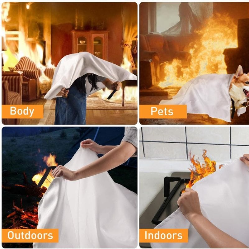 collage pic of instances using a fire blanket