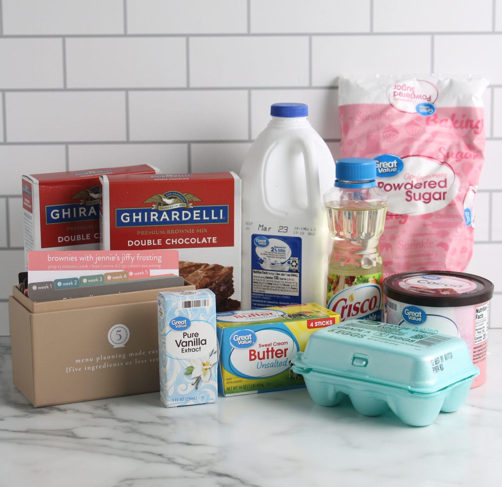 ingredients for brownies with jiffy frosting