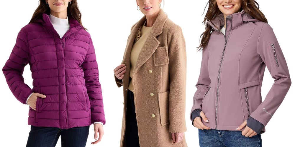 woman wearing purple puffer jacket, woman wearing brown wool jacket and woman wearing purple jacket